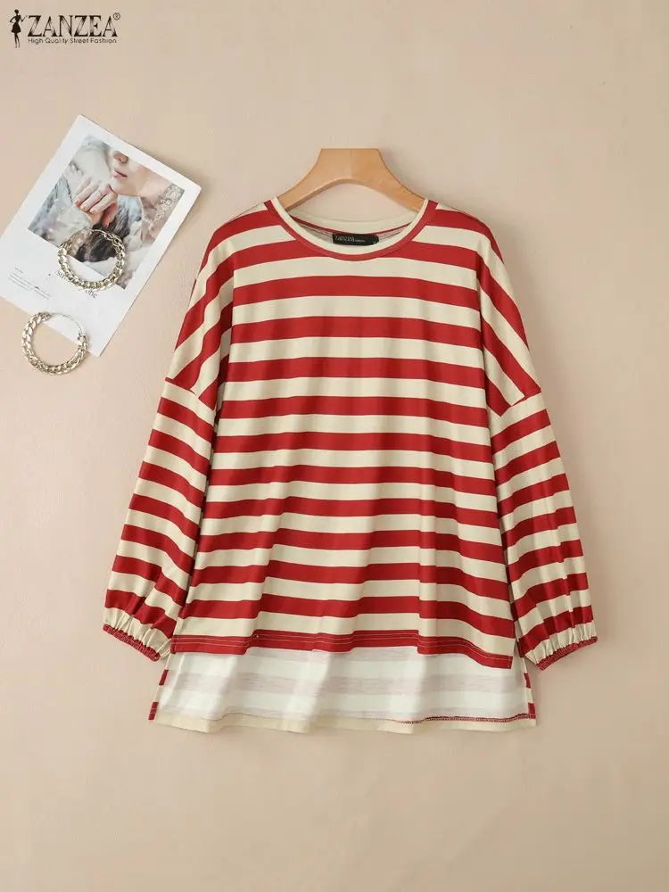 

ZANZEA Modest Women's Striped T-Shirts Hijabs Fashion O-Neck Drop-Shoulder Long Sleeve High-Low Long Blouses Muslim Islamic Tops