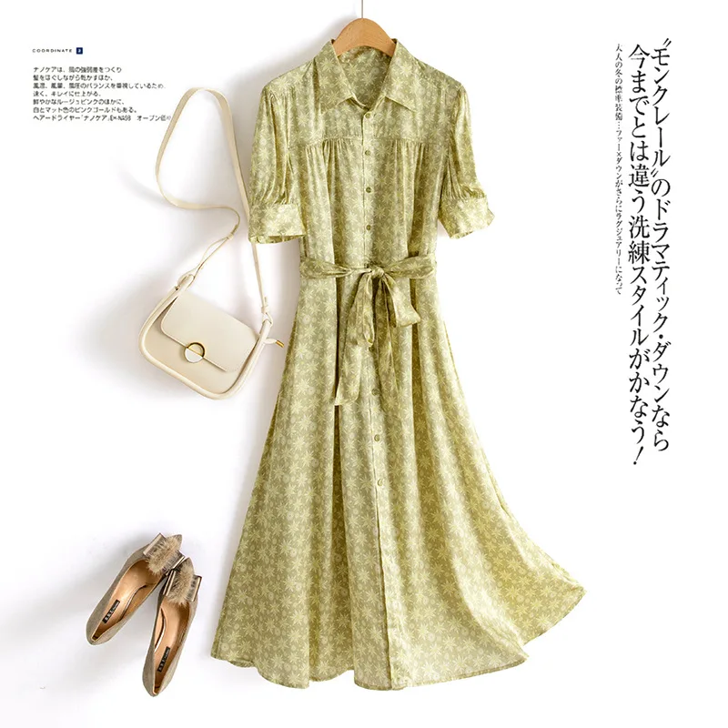 Elegant Heavy Silk Dress for Women, Turn-Down Collar, Short Sleeve Bodycon Dresses, Mulberry Silk Printing OL Dress, WF2334