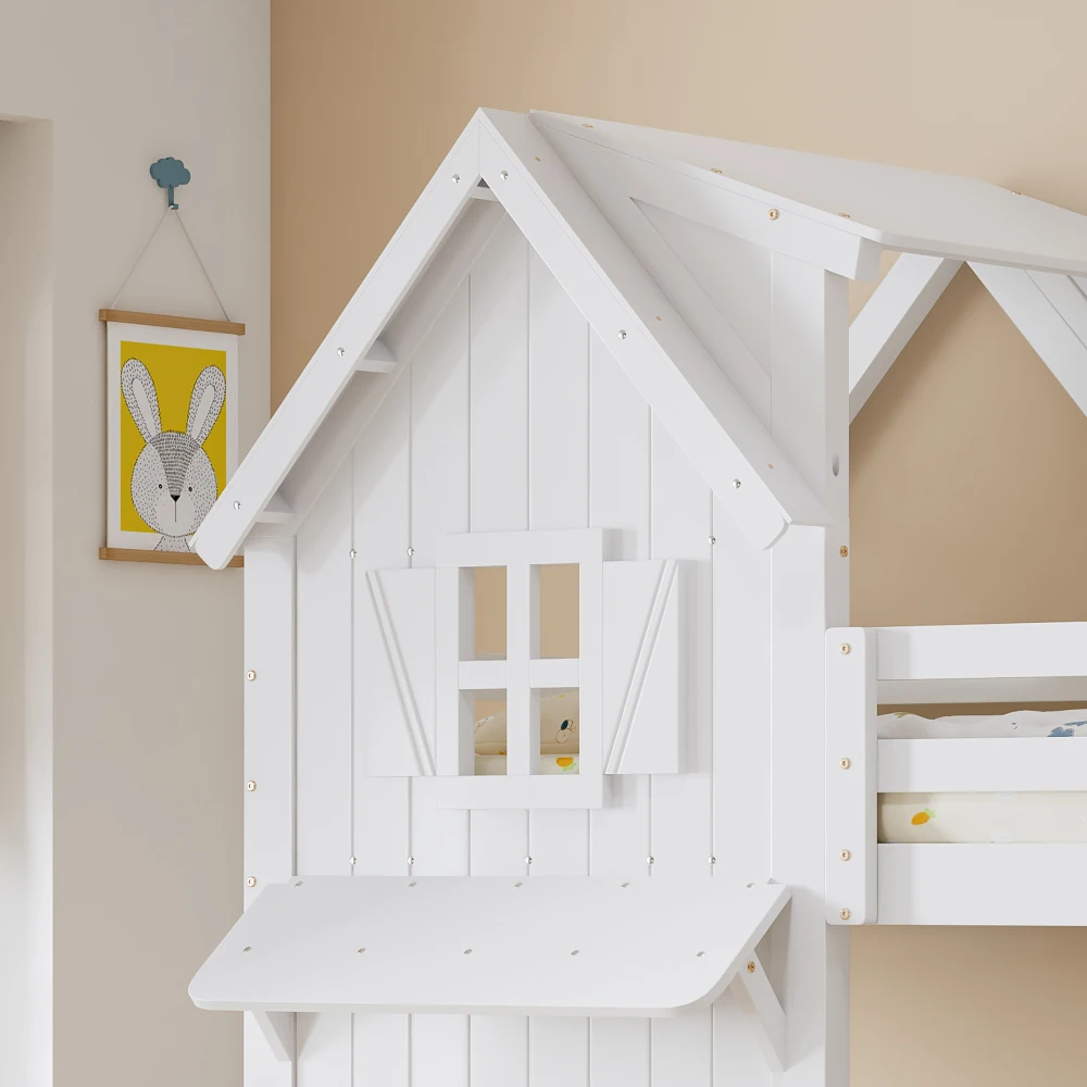 Kinder-Etagenbett mit schönem Fenster und seitlichen Sicherheitsgeländer auf dem Dach, dreistufiger gerader Leiter, stabiler Lattenrost – Detail 16