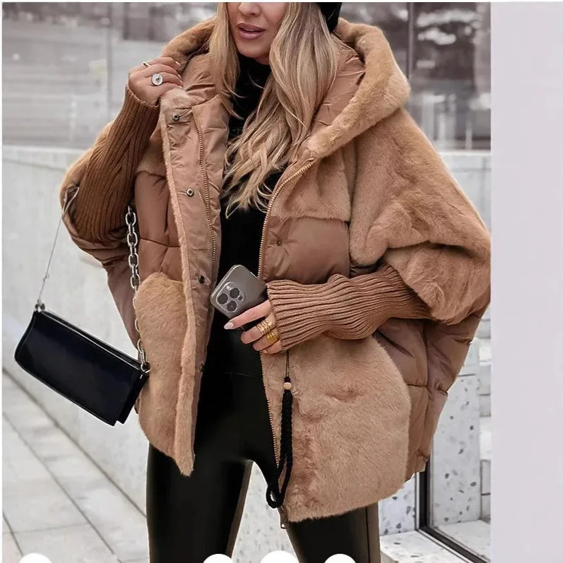

European American New Fashion Women's Solid Color Casual Trendy Simple Basic Spliced Hooded Quilted Coats Female Parkas Clothes