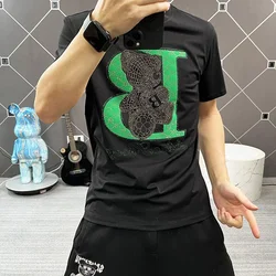 2025 Cartoon Rhinestones T Shirts Men Clothing Fashion Diamonds Summer Mercerized Cotton O Neck Short Sleeve Slim Mens Tee Shirt