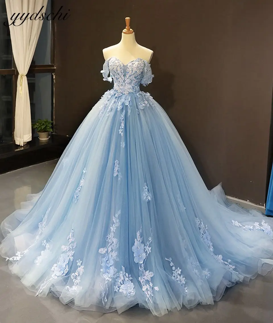 

Off The Shoulder Blue Sweetheart Quinceanera Dresses 2023 Tulle Lace Appliques Ball Gown A-Line Robes De Bal