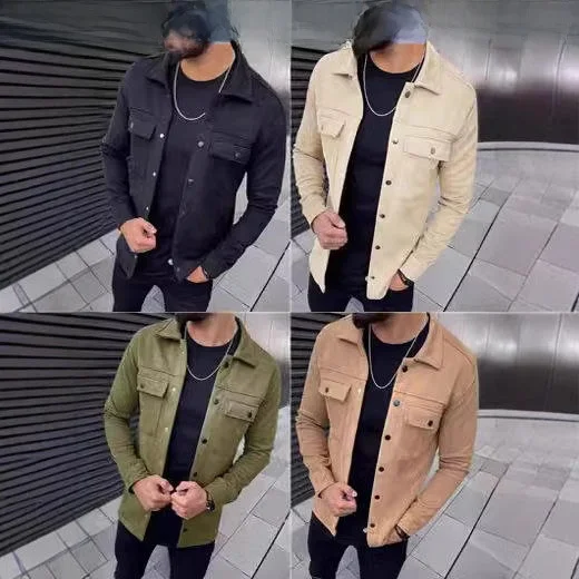 

New 2024 Men's Suede Jacket Outerwear Fibre Blend Fabric Autumn Season Regular Fit Multi Pocket Design Outerwear Coat
