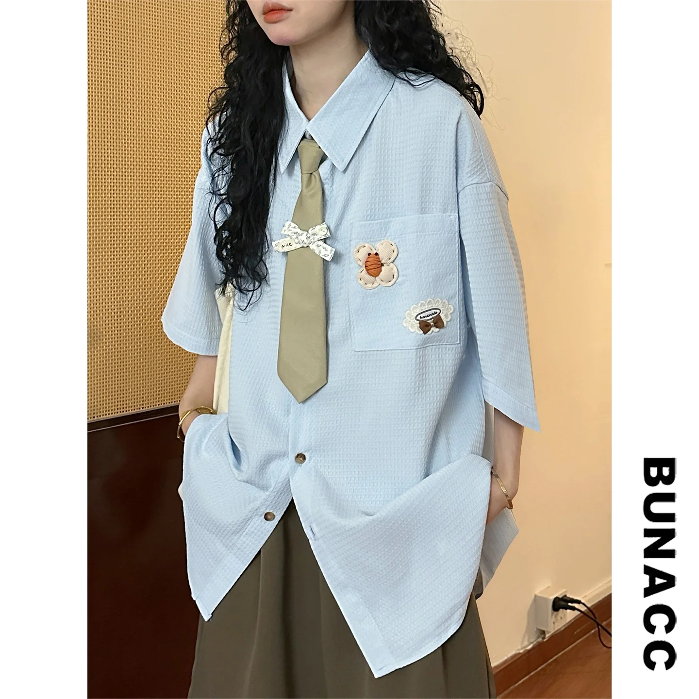 

Летняя свободная женская рубашка с завязками и коротким рукавом BUNACC2026 в стиле ретро, японский дизайн, модный брендовый топ для молодежи