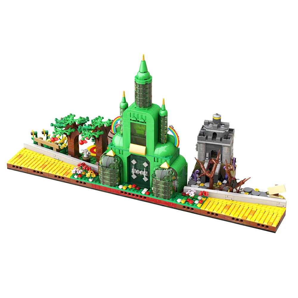 MOC – blocs de construction de ville des émeraudes d'oz, modèle d'architecture de ville émeraude, vue sur la rue, briques à assembler, jouets cadeaux pour enfants