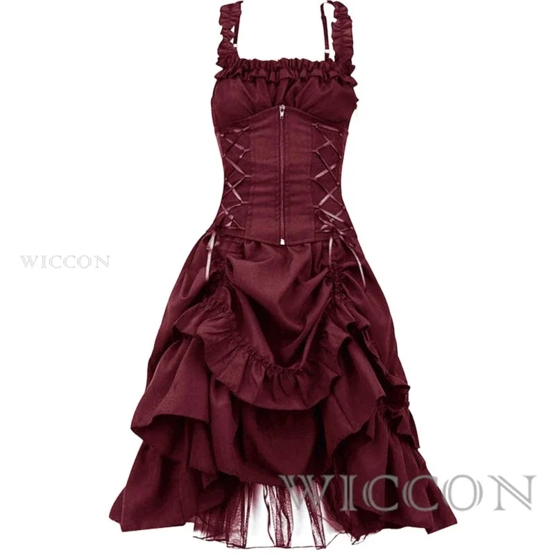 Halloween Medieval Cosplay Vintage Elegant Lace Up Corset Waist Vampire Gothic Retro Y2K Women Punk Sexy Sleeveless Lolita Dress