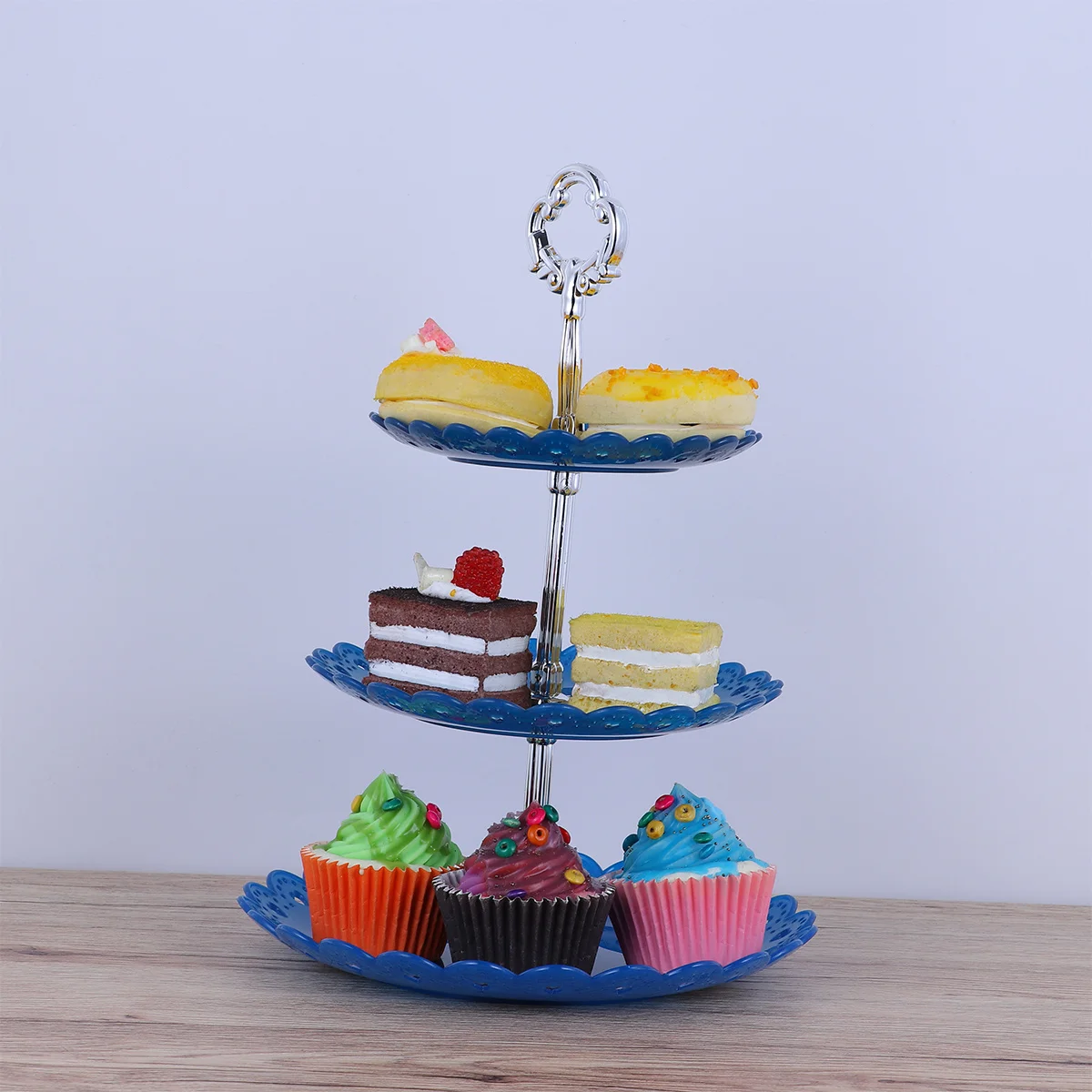 

Three-Tier Cake Rack Blue Eco-Friendly Dessert Stand Cake Display for Wedding Birthday Party Banquet Fruit Plates