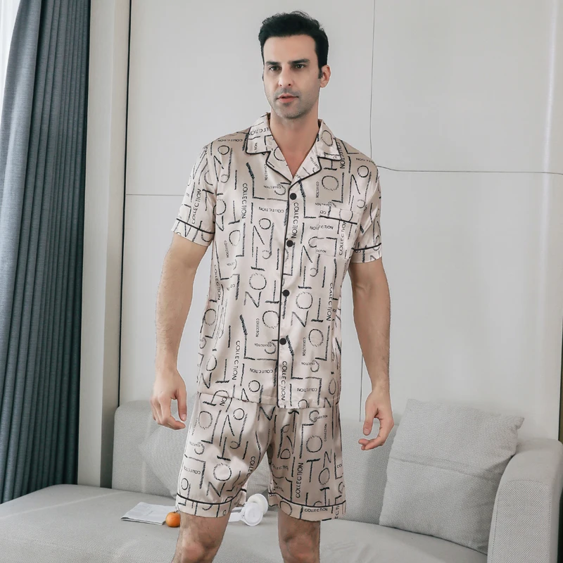 2-piece pajama men\'s summer short sleeved shorts with ice silk thin letter print lapel cardigan sleepwear home suit