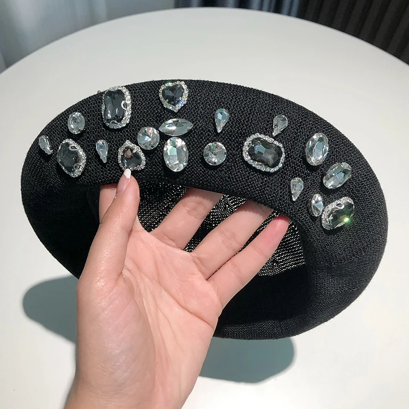 INS Summer rhinestone beret women\'s new fashion versatile hat thin breathable painter hat handmade rhinestones versatile pumpkin