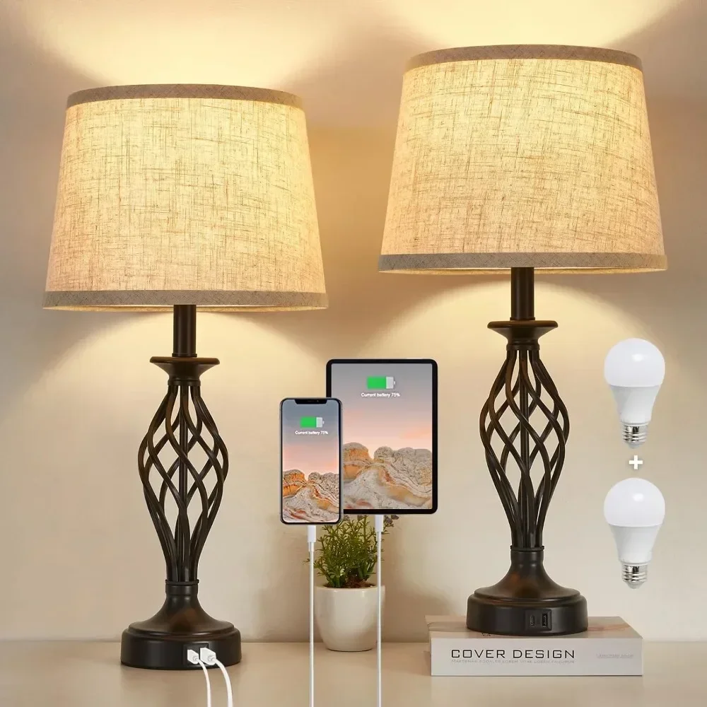 

Table Lamp for Bedroom Set of 2 with USB C+A Ports, Modern Bedside Lamps with Spiral Cage Base, Fabric Shade, 스탠드 조명