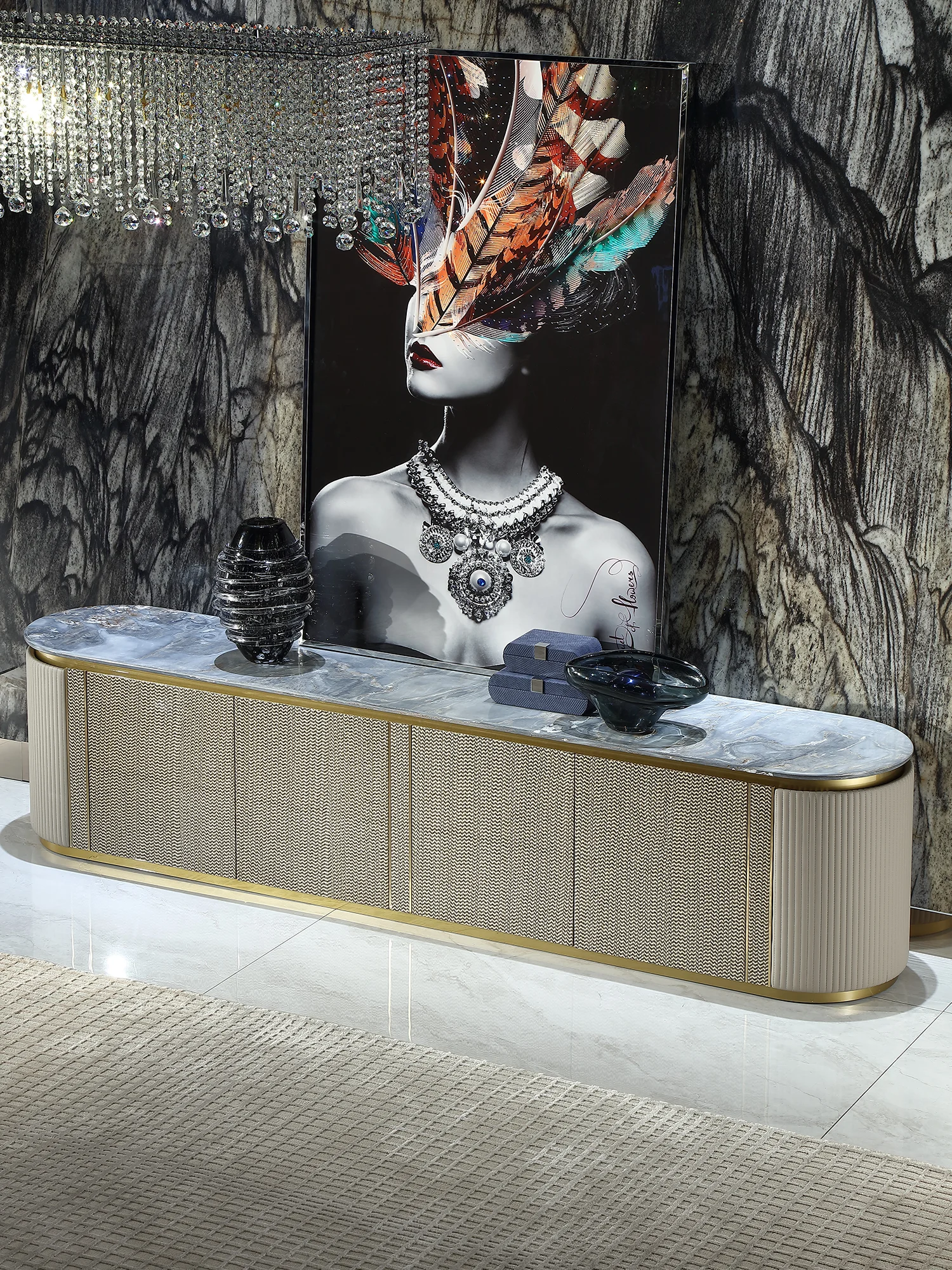 Modern Italian light luxury blue sands marble TV cabinet floor cabinet living room furniture
