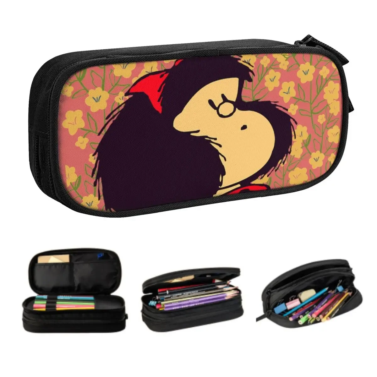 Custom Mafalda And Flowers Kawaii Pencil Cases Girls Boys Large Storage Quino Kawaii Cartoon Pencil Box Students Stationery