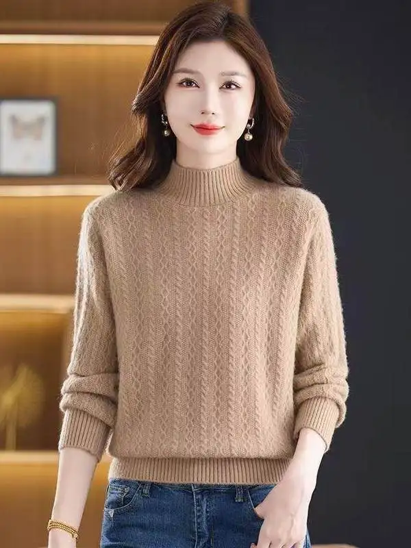 Thickened Long Sleeve Half High Collar Women's Knitted Sweater Base Layer Shirt Autumn Winter New Style Pure Color Knitwear