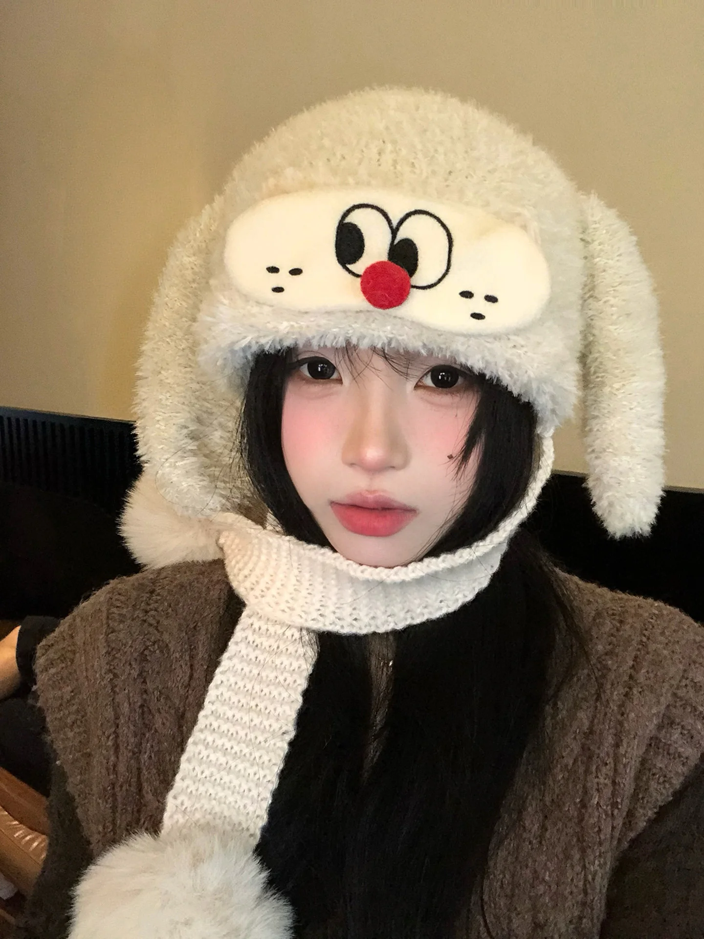 Thickened Knitted Furry Long Ear Plush Hat Women's Autumn Winter New Style Warm Cold Proof Big Head Size Wrap around Hat