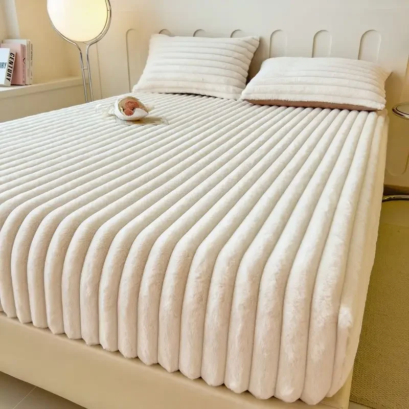 Fluffy Rabbit Plush Elastic Fitted Sheet Mattress Protector Cover Warm Winter Coral Fleece Luxury Double Bed Bedsheet