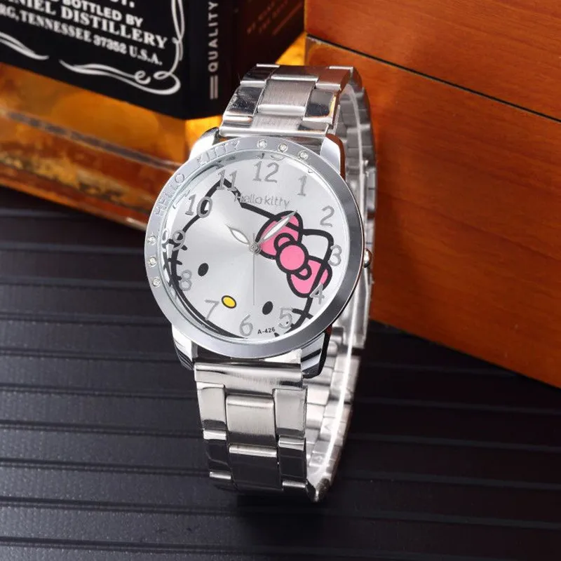 Casual Simple Steel Band Women\'s Watch Kawaii Hello Kitty Cartoon Student Quartz Watch Children\'s Pointer Watch