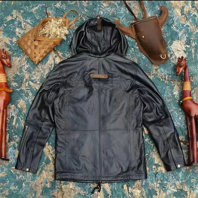 Genuine Leather Hooded Hunting Suit for Men Washed Green Vegetable Tanned Wax Coat Outdoor Riding, Travel Motorcycle Jacket, M65