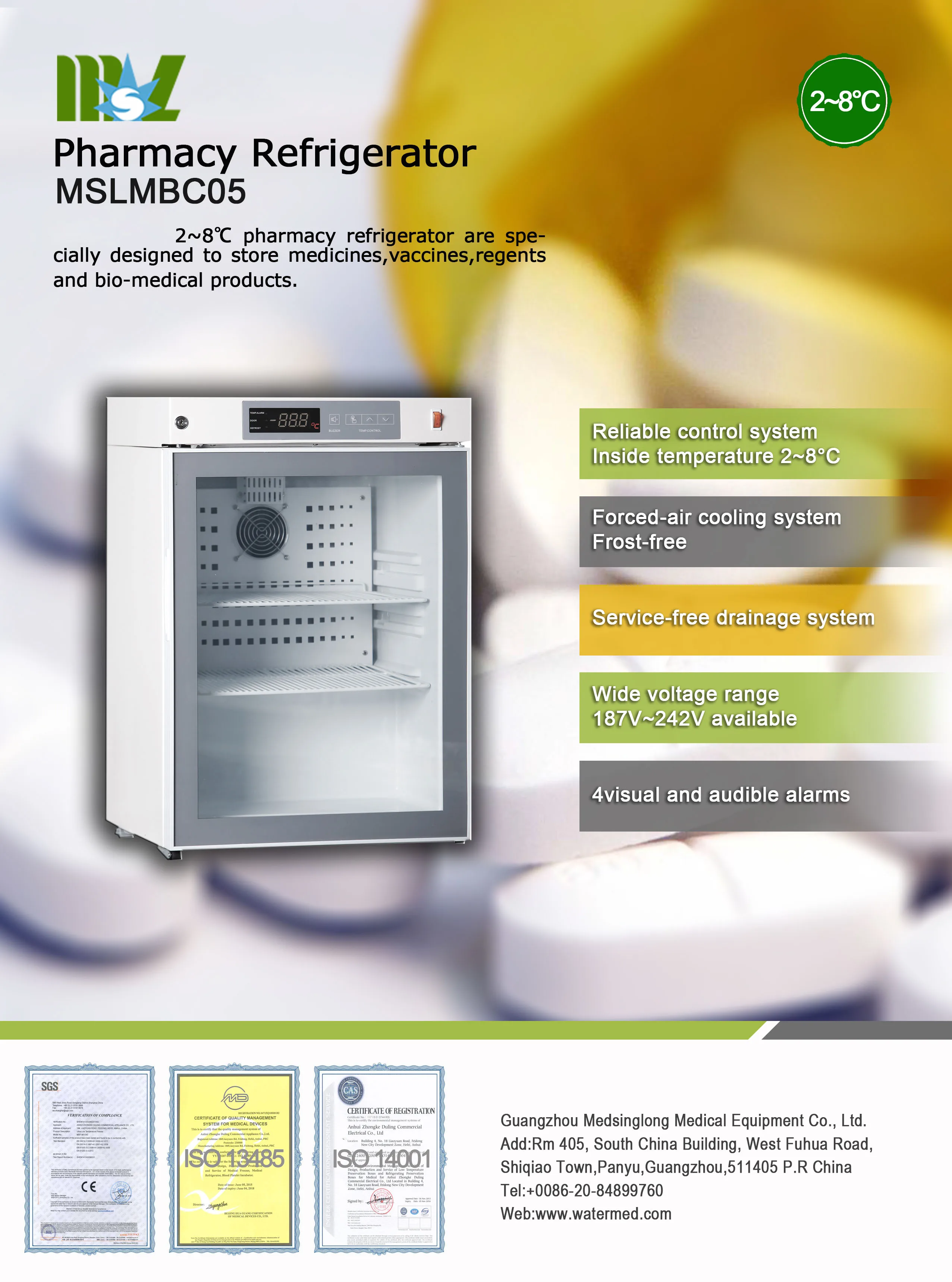 Refrigerador de farmácia de alta qualidade 2 ~ 8'C especialmente projetado para armazenar medicamentos, vacinas, ressentimentos e biomédico