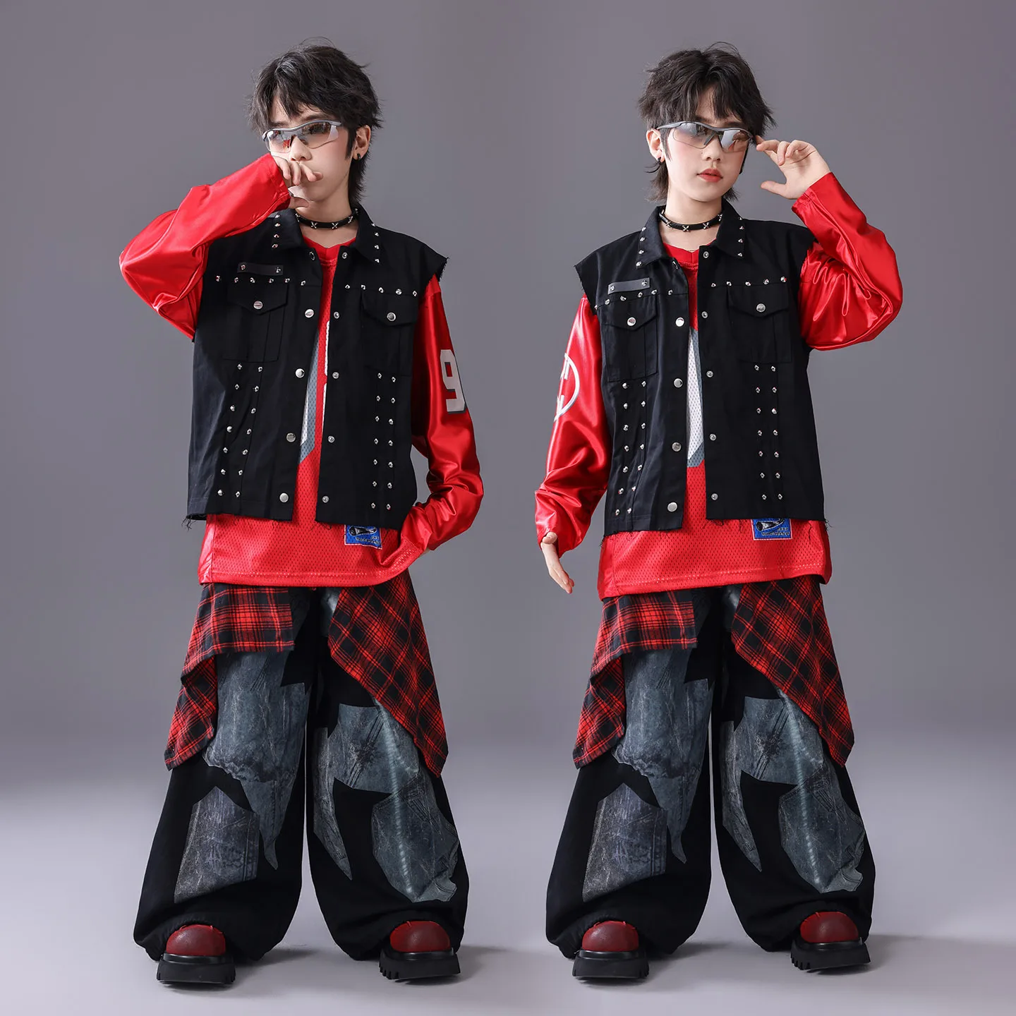 طفل Kpop الهيب هوب الملابس السوداء برشام سترة حمراء البلوز الدنيم طباعة واسعة الساق الجينز السراويل للفتيات الفتيان أزياء رقص الشارع #1