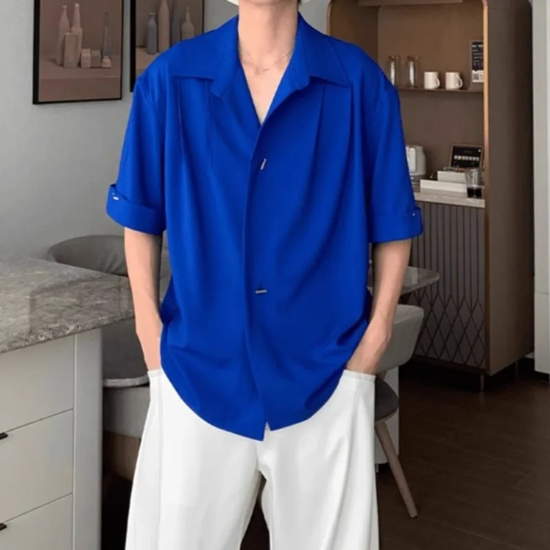 2025 Summer Ice Silk Cool Half Sleeve Shirts for Men's Retro Solid Color Loose Casual Shirt Trendy Versatile Shirts Men Clothing