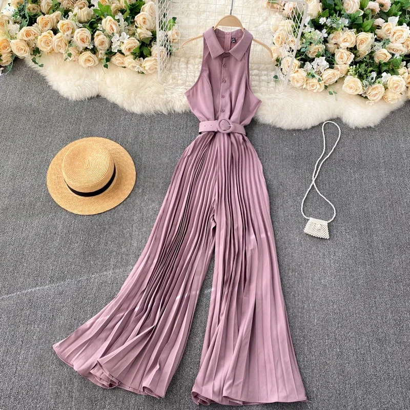 Commuter Women's European American Style Jumpsuit Women Temperament Lapel Slim Breasted Heavy-duty Pleated Wide-leg Pants UK914