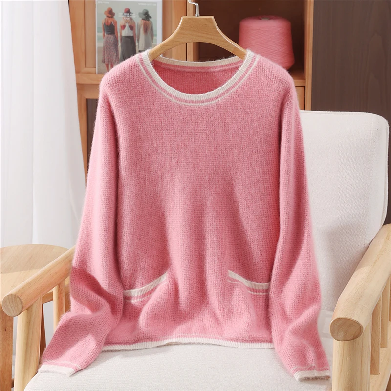 Women Mink Cashmere Sweater O-Neck Pullover Autumn Winter Basic Casual Soft Warm Color Block Clothing 100% Mink Cashmere Tops