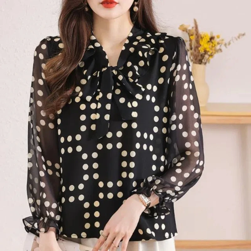 Korean Fashion Autumn Women V-Neck Ruffles Patchwork Lacing Temperament Office Lady Sweet Loose Long Sleeve Chiffon Shirt Tops