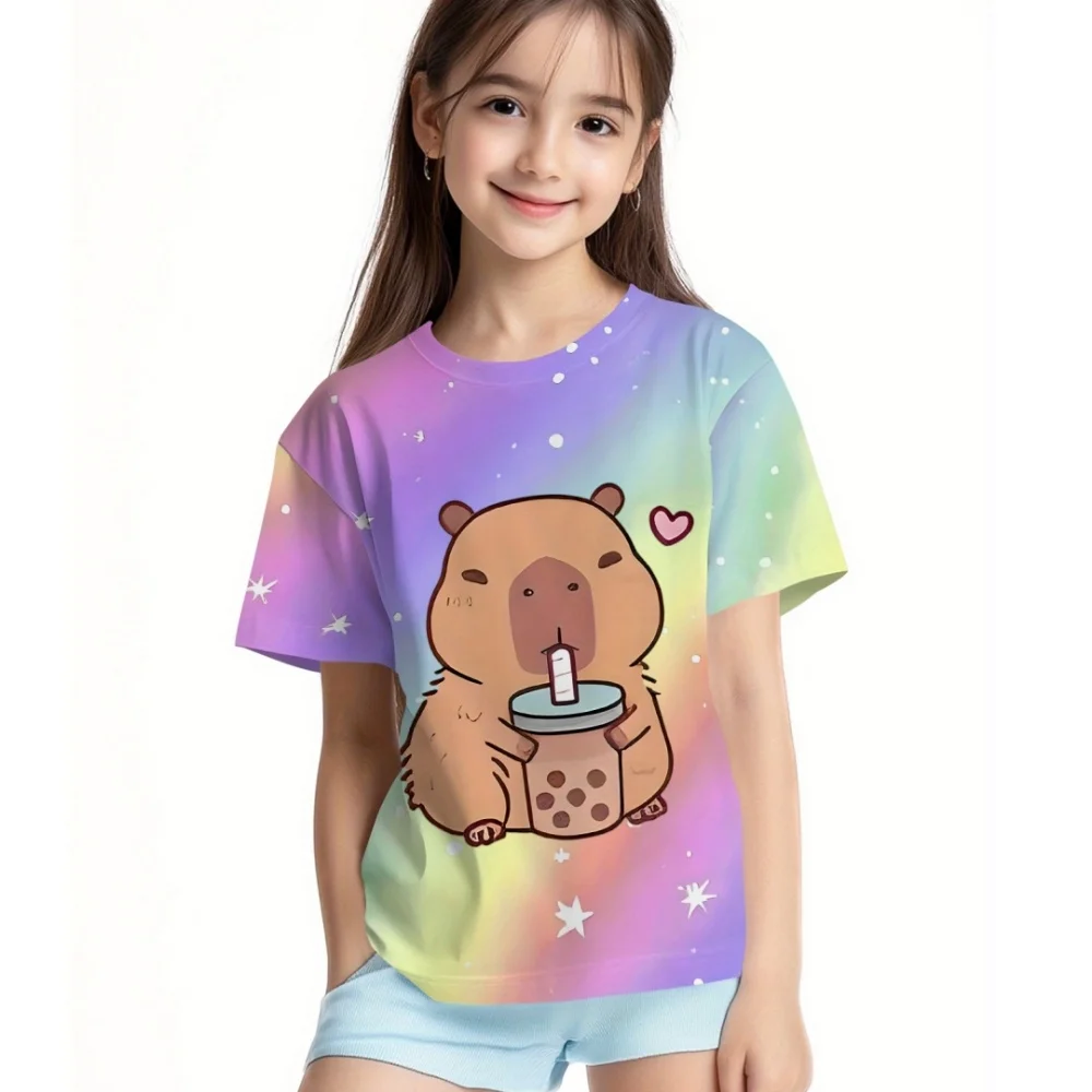 تي شيرت للفتيات موضة كابيبارا ملابس الأطفال ملابس الصيف الفتيات 7 إلى 8 سنوات بلايز لطيف القط المطبوعة تيز الطفل تي شيرت