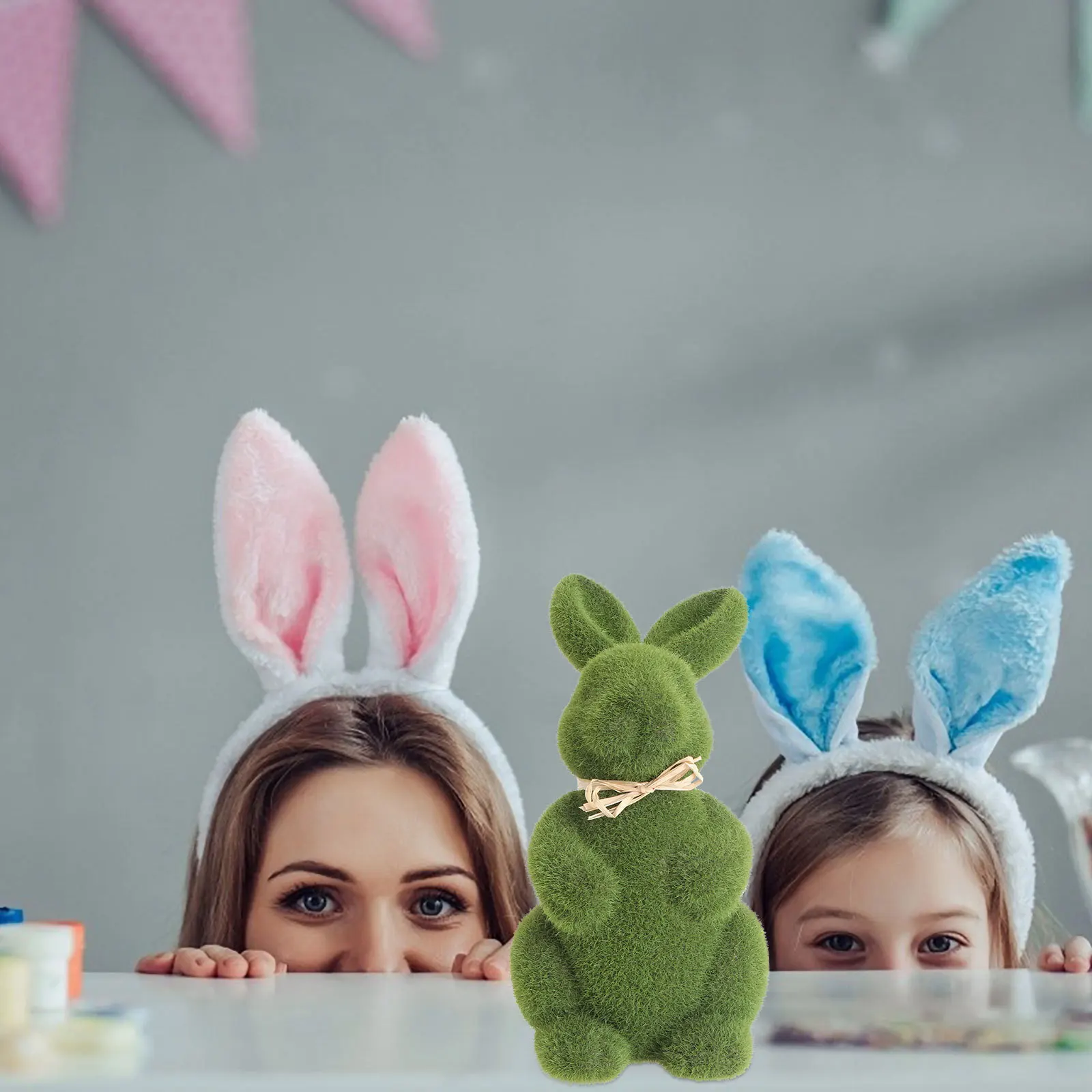 

2pcs Simulation Moss Ornaments Lifelike Bunny Decor For Easter Home Living Room Office Green Rabbit Figures Moss Bunny