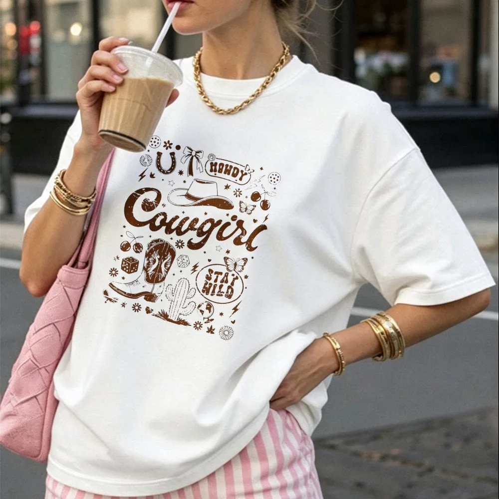 Western Print Cotton T-Shirt Cowgirl Hat Boots Cactus Stars Butterflies Howdy Stay WILD Brown Ink Retro Graffiti Collage Tops
