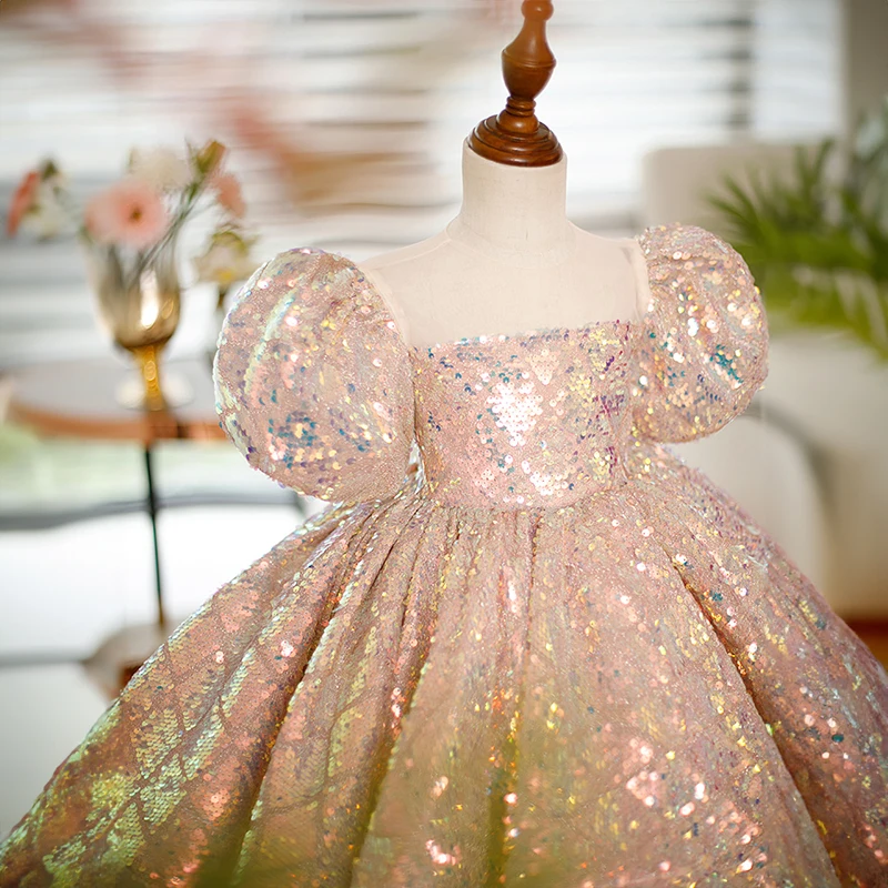 Toddler Girls Party Birthday Sequin Dresses for Pageant Short Evening Gowns Kids Princess Champagne Luxury Gala Dress Children