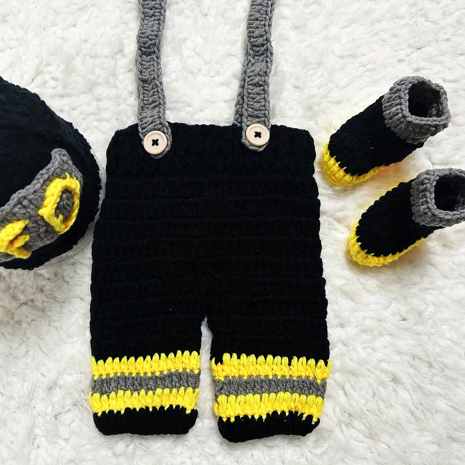 3 unids/set FD bombero bebé recién nacido fotografía accesorios Crochet hilo sombrero monos botas Crochet bebé disfraz niño niña traje