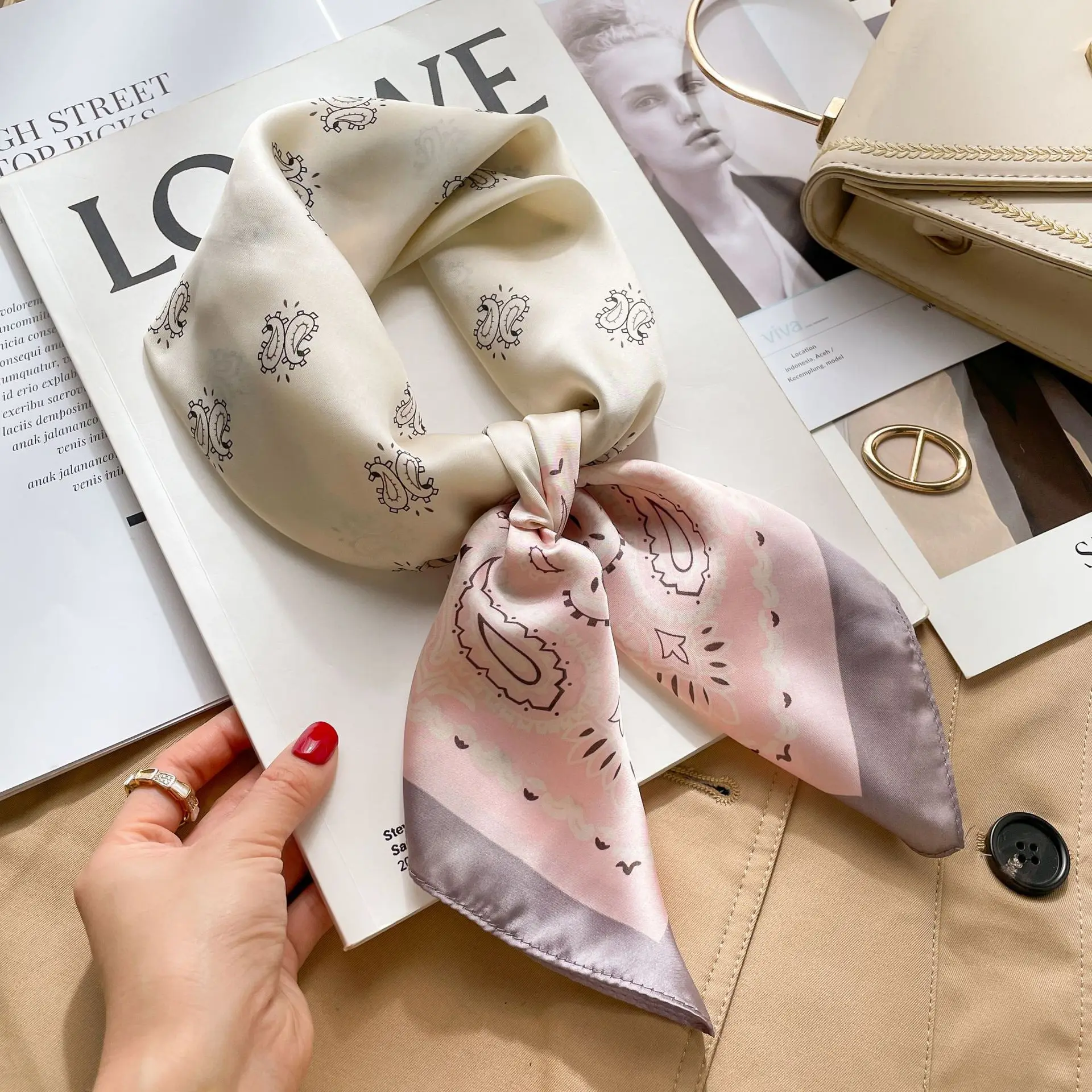 2025 sommer Hijab Kopf Mädchen Luxus Seide Quadrat Plaid Schal Frauen Satin Hals Haar Krawatte Band Weiche Arbeit Halstuch – Detail 11