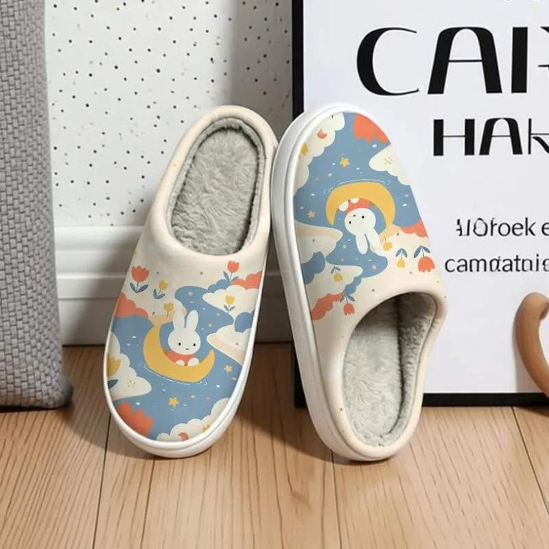 Anime Miffy Cotton Slippers Cartoon Print Warm Non-Slip House Shoes for Men Women Indoor Outdoor Couple Matching Home Footwear