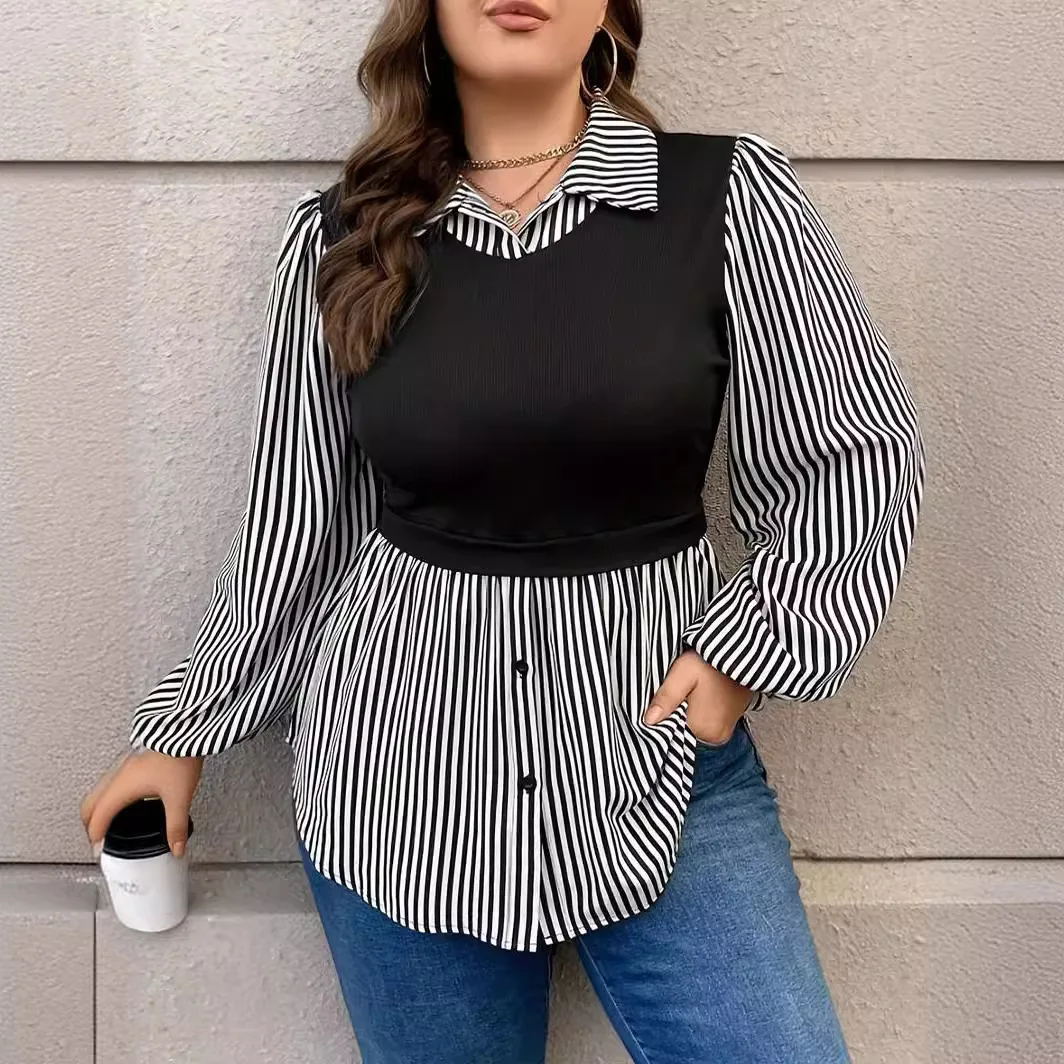 Plus Size Shirt Fake Two-piece Lapel Contrasting Striped Button Casual Top Autumn Winter Daily Commuting Women\'s Clothing