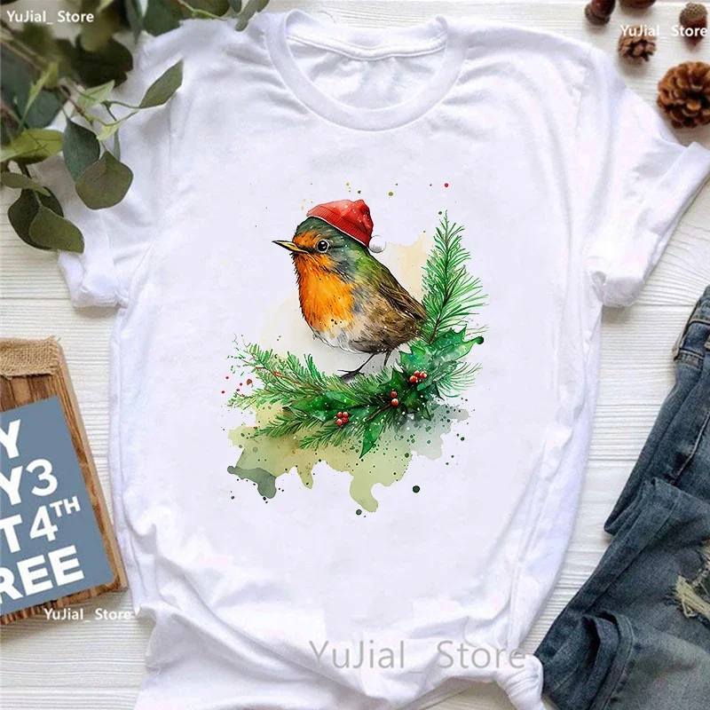 Christmas Robin Birds Printed T Shirt Girls Xmas Gift White Tshirt Women Summer Tops Short Sleeve T-Shirt Female Harajuku Shirt