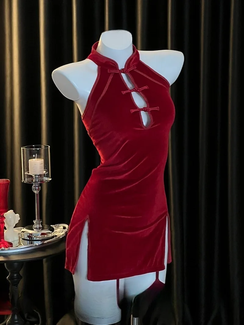 

Красное бархатное платье Cheongsam для женщин, сексуальный наряд на пуговицах с воротником-стойкой, утягивающая униформа Pure Desire, романтическая пижама в китайском стиле