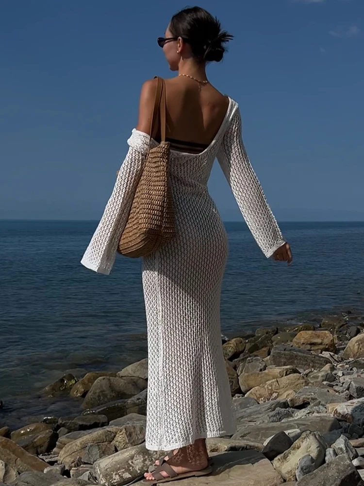 Vestido longo de malha a céu aberto feminino, decote em v praia, vestido maxi sem costas, cobertura de biquíni, moda praia verão, 2024