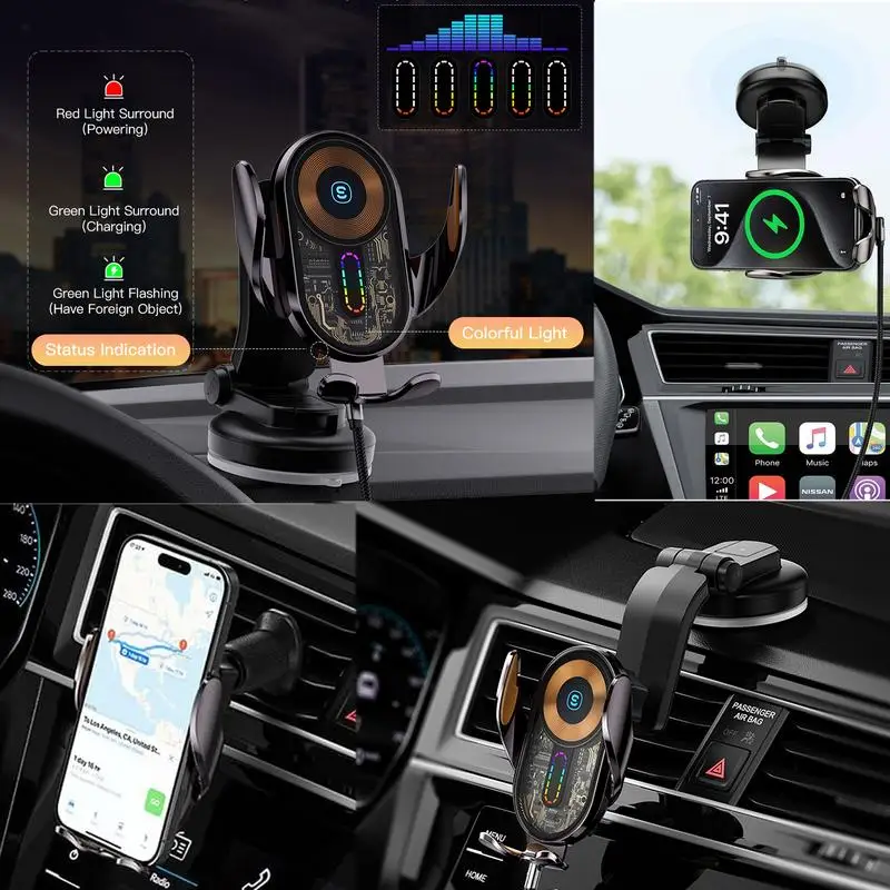 

15W Fast Wireless Charging Cellphone Holder, Dual Mount Car Charger Mount, 45W Adapter for iPhone 15 14 13 12 Pro Max, Samsung G