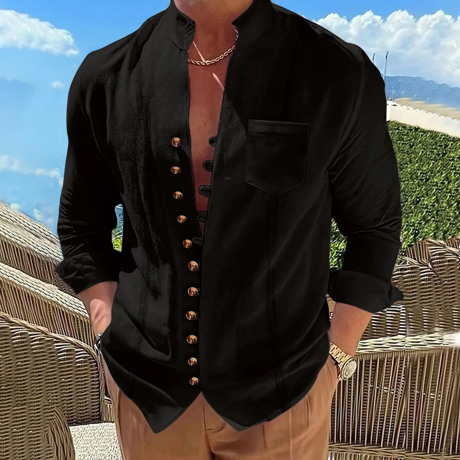 

High-end linen shirt - Men's stand-up collar style - Gold metal buttons - Loose fit - Casual style - Designer design shirt