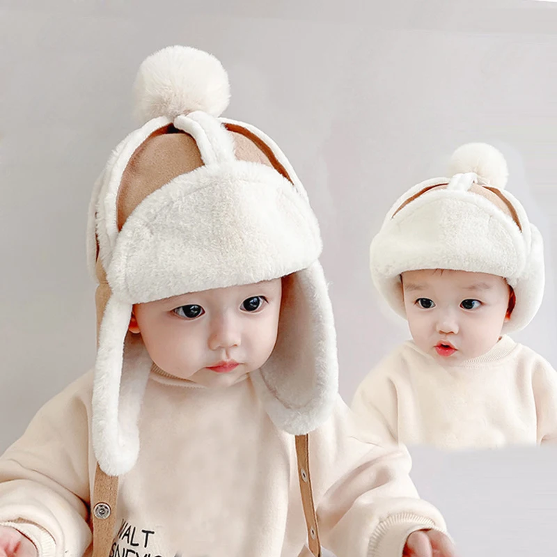 Baby Winter Hat Plush Lining Kids Cap with Earflap Faux Fur Hats for Boy Girl Skiing Windproof Infant Bonnet Korea Infant Beanie