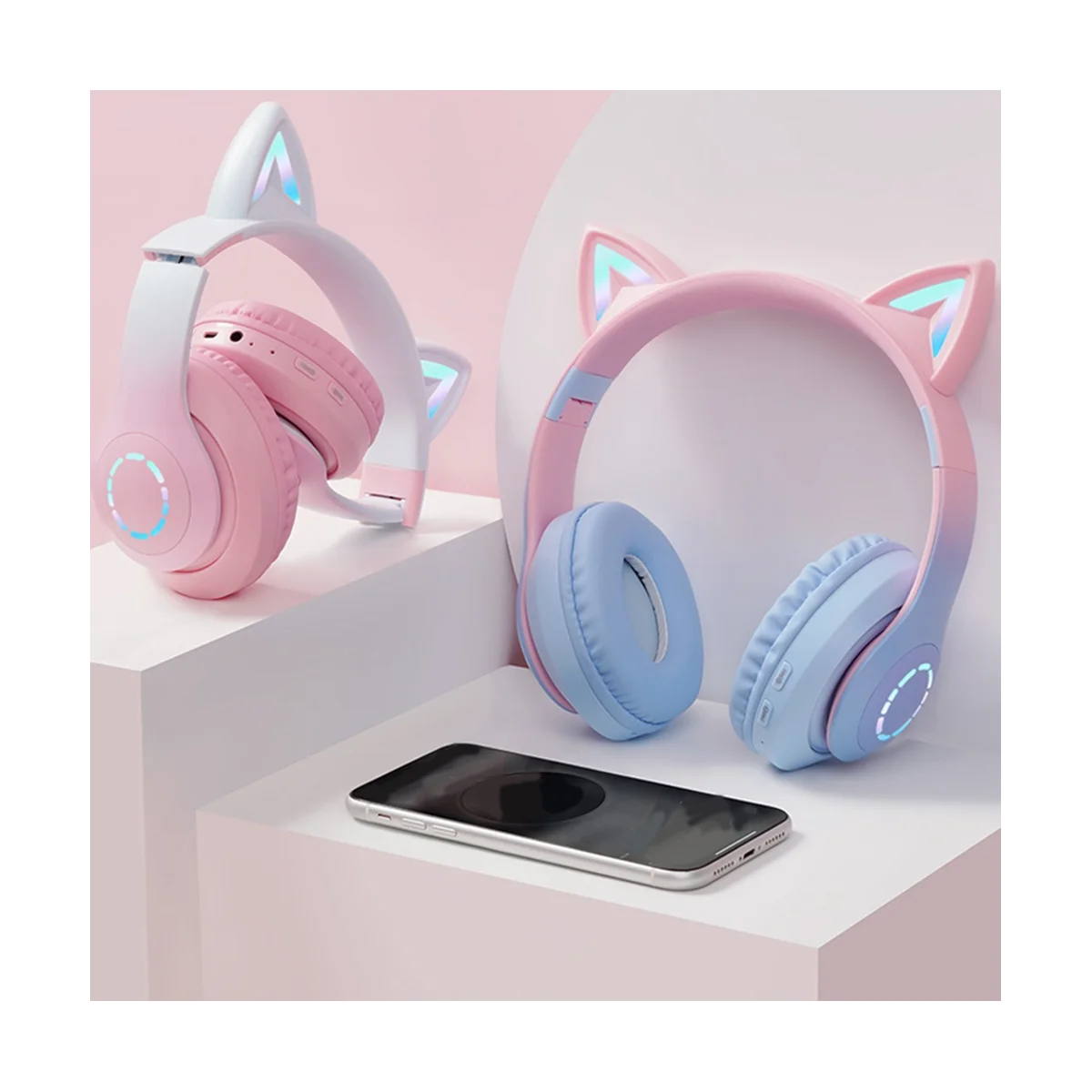 LED Flash Light Headphone Cute Cats Ears Wireless Earphone with Mic Kids Girls Stereo Music Headsets TWS Bluetooth 5.0 D