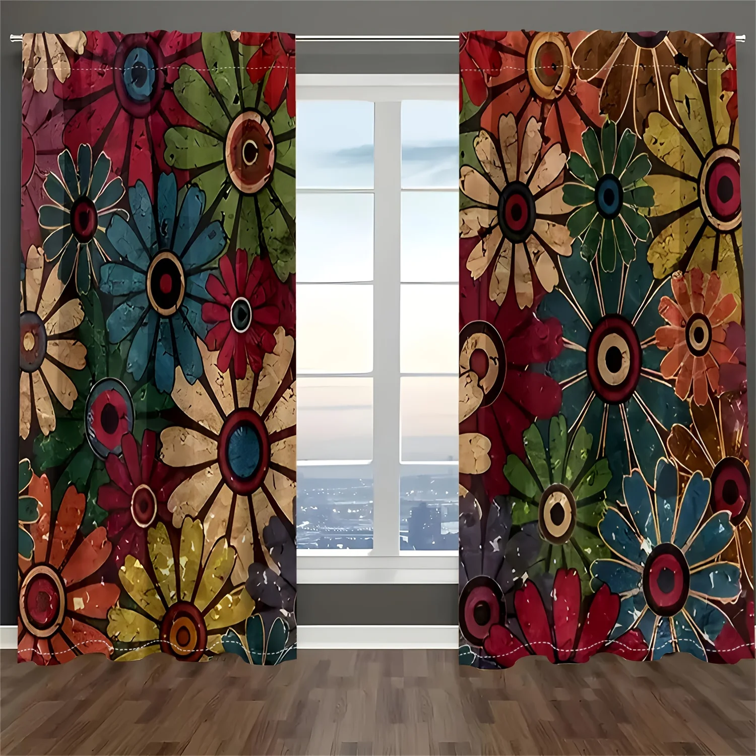 2PC Vintage Floral Sheer Curtains - Polyester Rod Pocket Drapes, Washable & Fade-Resistant for All-Season Living Room Decor