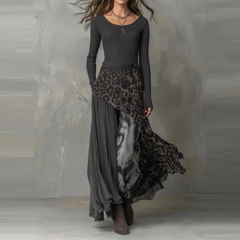 

Women Loose Swing Pleated Dress Vintage Knitted O-neck Leopard Printed Spliced Dress Elegant Long Sleeve High Waist Party Dress