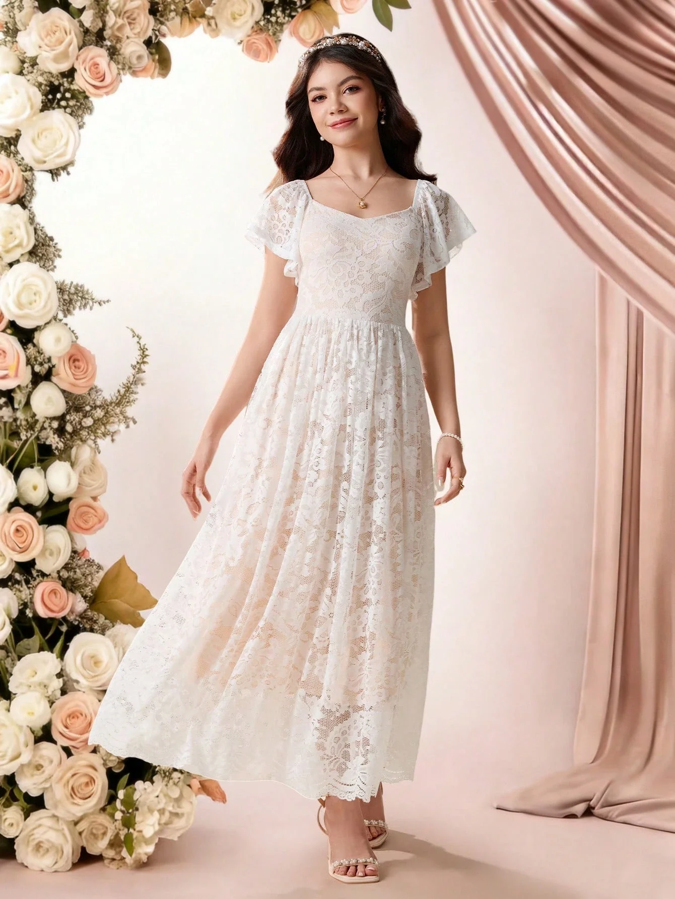 

Элегантное белое кружевное платье А-силуэта с V-образным вырезом и пышными рукавами для женщин