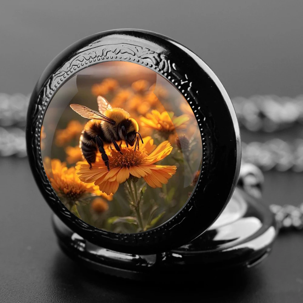 Bee Glass Dome Quartz Pocket Watch With Durable Chain Arabic Numeral Dial Extraordinary Gifts for Men Kids