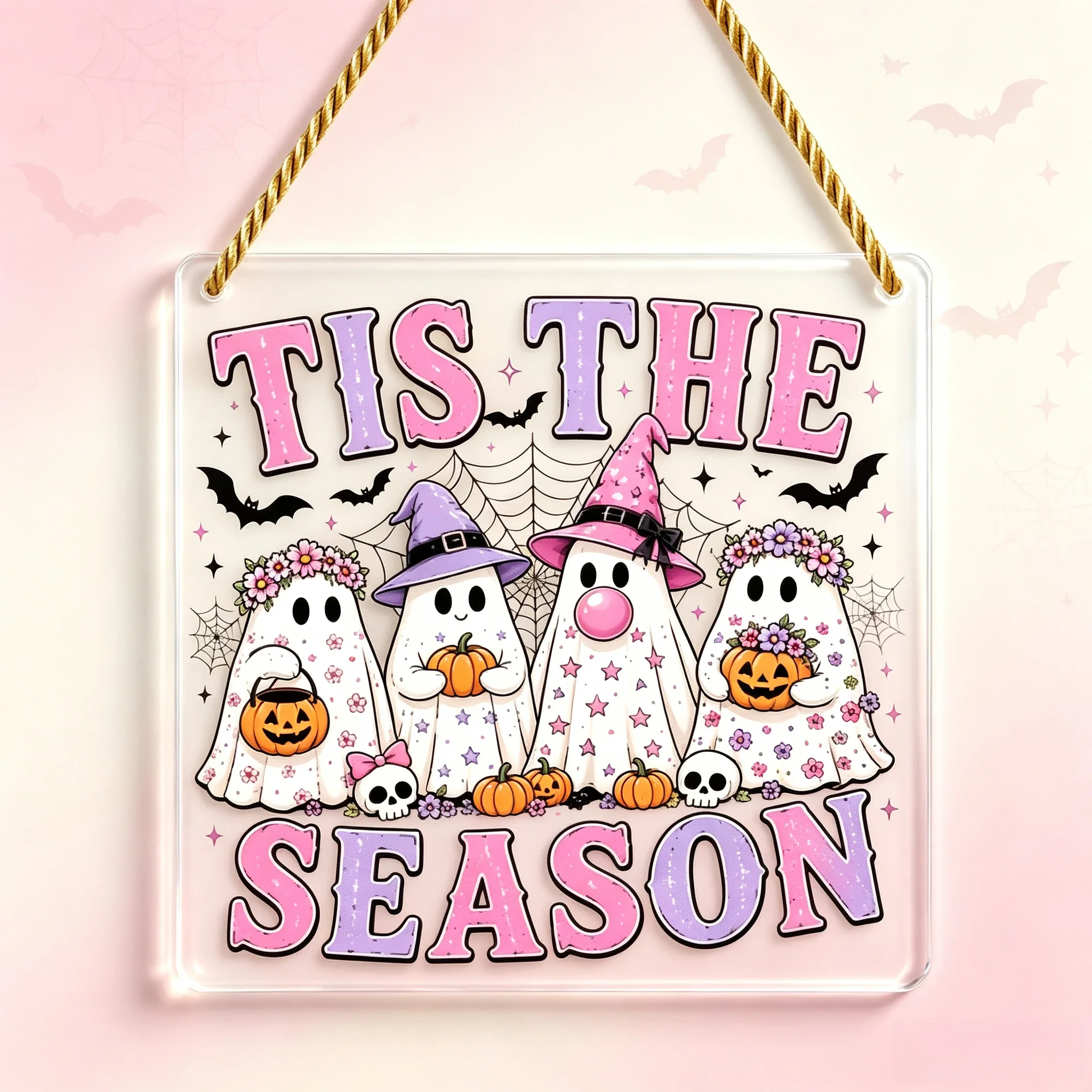 Four Cute Witch‑Hat Ghost Pumpkin Acrylic Wall Plaque, Spooky Season Door Hanging Ornament