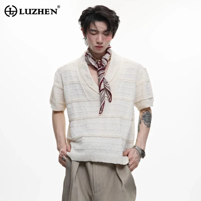 

LUZHEN модные оригинальные однотонные текстурированные футболки с короткими рукавами и v-образным вырезом, мужские летние повседневные топы высокого качества 2025 года JY2255