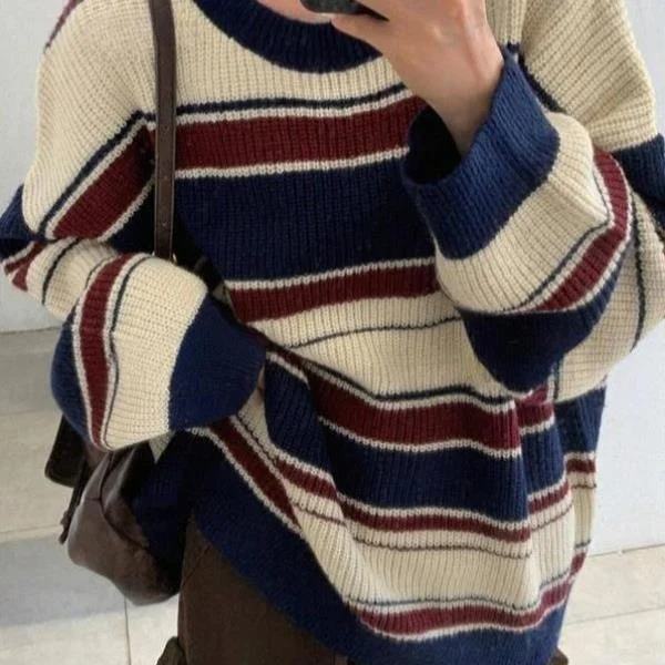 

ex Knitted Sweater Striped Color Blo Print Ne Thiened Winter Faion Ciwalk Coolmax Fiber Nine Sve Length