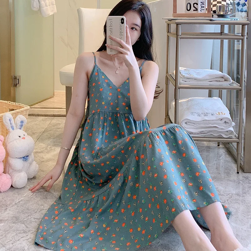 New Nightdress Women's Summer Spaghetti Strap Dress Long Print Simple Sleepwear Women Large Size Pajamas Sweet Girl Nightgowns